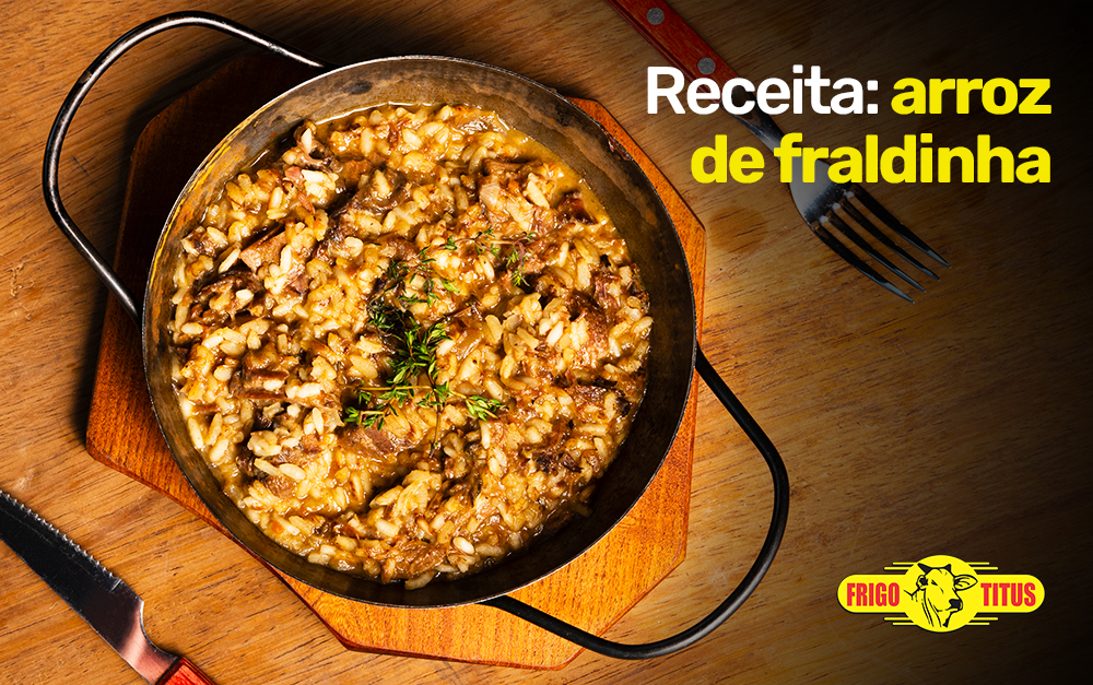 Imagem de uma panela com a receita arroz de fraldinha, feita com a carne doo Frigo Titus.